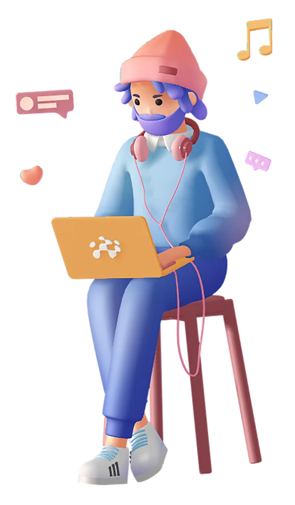 JoBase 3D character working on a laptop